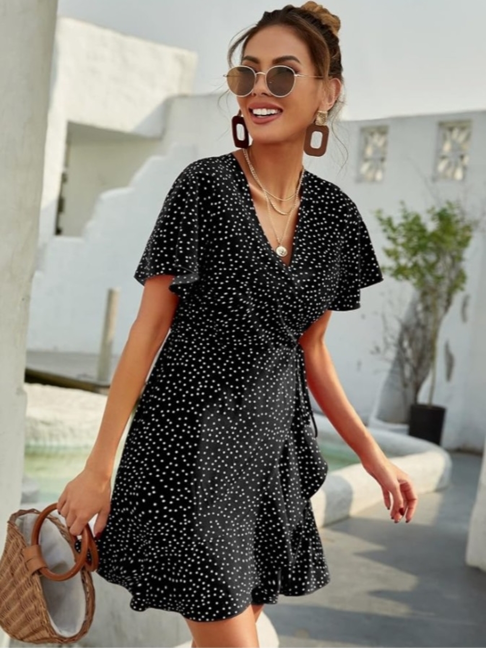Women's Black Polka Dot Wrap Dress Harper Heritage Medium Chic Girly